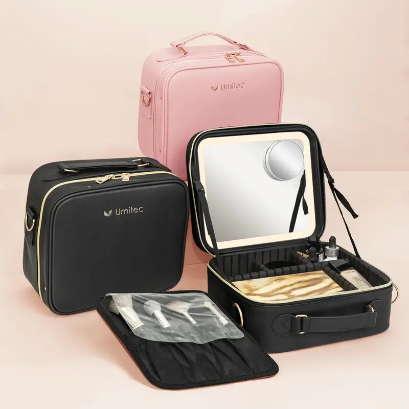 Umitec Portable Makeup Bag with LED Mirror & Adjustable Brightness, Large Capacity Cosmetic Organizer Case with Detachable St...