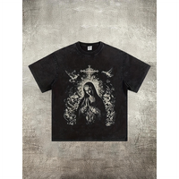 Percent Cotton Heavy Weight Washed Black Short Sleeve Religious Trendy T Shirt Virgin Mary Pattern with Cross Tee