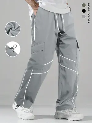 Men's Striped Print Drawstring Waist Pants, Casual Comfy Breathable Straight Leg Trousers for Outdoor Activities, Pants for M...