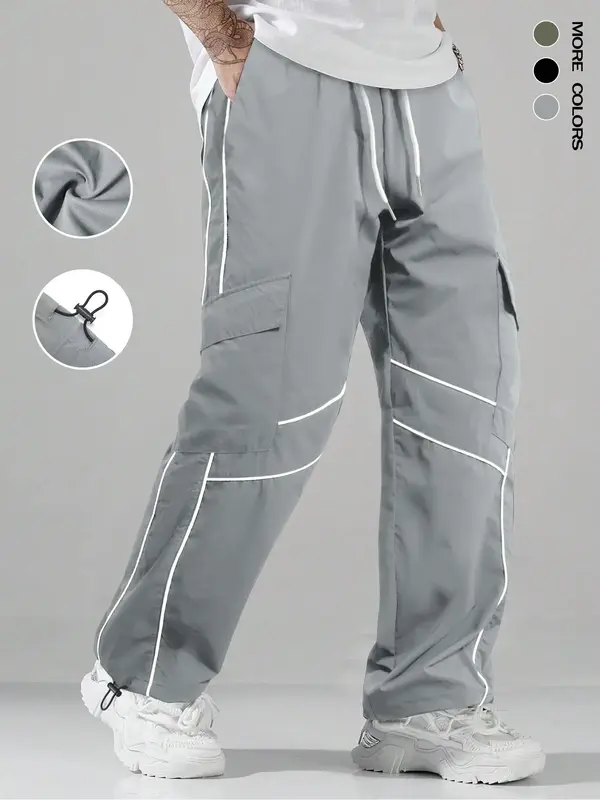 Men's Striped Print Drawstring Waist Pants, Casual Comfy Breathable Straight Leg Trousers for Outdoor Activities, Pants for M...