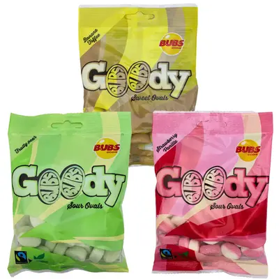 Bubs Swedish Goody Fruity Sampler 3pk  - Bubs Goody Gummies - Strawberry Vanilla , Sour Fruity Pear , Banana Toffee - Bonbon ...