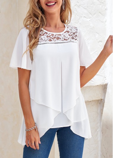 Modlily White Cross Hem Short Sleeve Round Neck Blouse - S