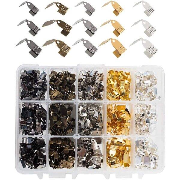 550 pcs 5 Colors 3 Sizes Ribbon Ends Clamp Crimps Cord Ends with Loop for Bracelet Necklace Jewelry DIY Craft Making