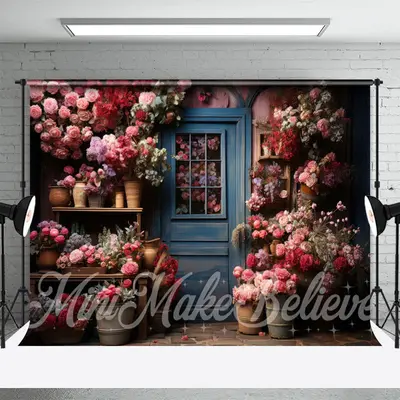 Vintage Shop Blue Door Clay Pot Flower Backdrop - Aperturee