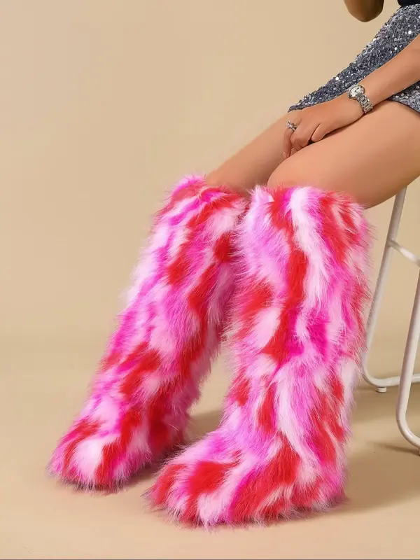 Women's Mixed Color Fluffy Lined Snow Boots, Casual Faux Fur Comfortable Warm Knee Boots for Fall & Winter, Female All-match...