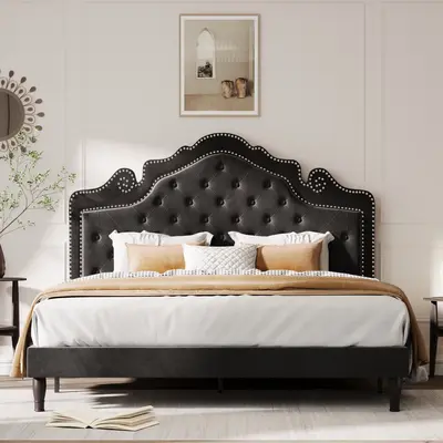 MUTICOR Full/Queen/King Bed Frame with Adjustable Velvet Tiara Headboard,ăFrame Only No Mattressă Upholstered Diamond But...