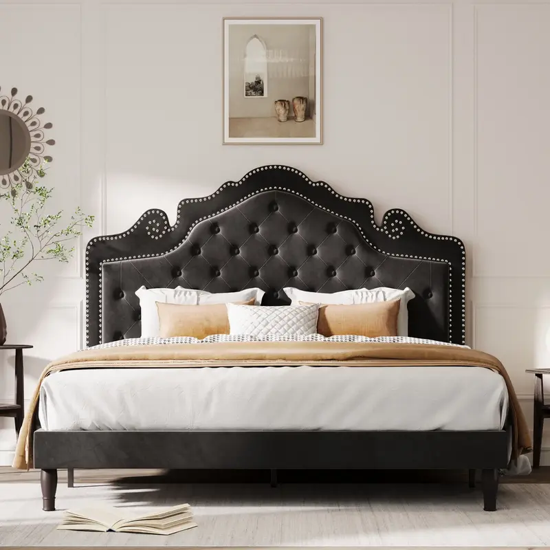 MUTICOR Full/Queen/King Bed Frame with Adjustable Velvet Tiara Headboard,【Frame Only No Mattress】 Upholstered Diamond But...