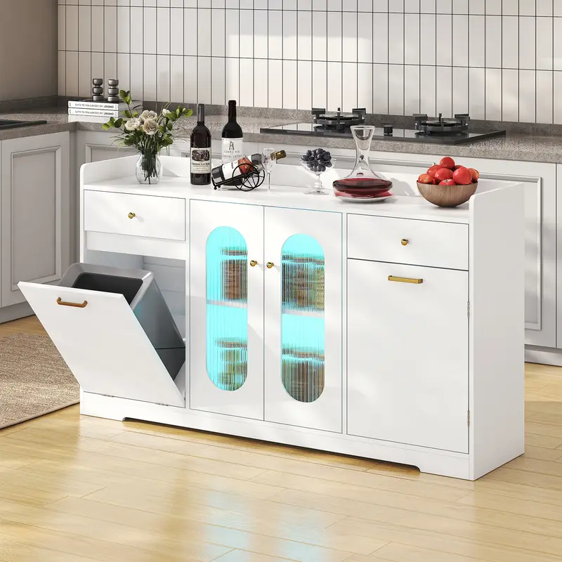 54'' Large Kitchen Island with LED Light and 2 Drawers, Kitchen Island with Trash Can Storage and Adjustable Shelves, Tilt Ou...