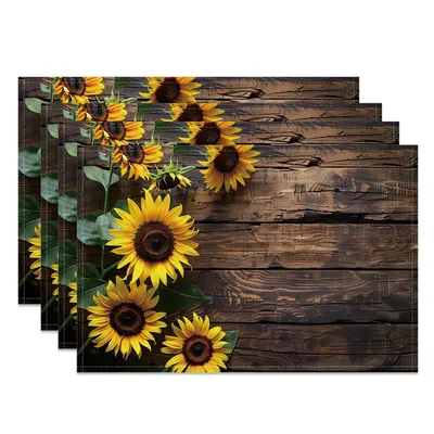 Aperturee Vintage Brown Wooden Sunflower Set Of 4 Placemats, 14x12 Inch, 15.8 USD, NYLX00537-S, placemats