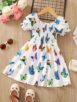 Girl's Butterfly Print Dress, Casual A Line Dress for Summer, Kids Clothes for Daily Wear
