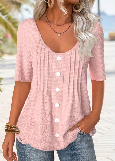 Modlily Light Pink Button Half Sleeve Scoop Neck T Shirt - M