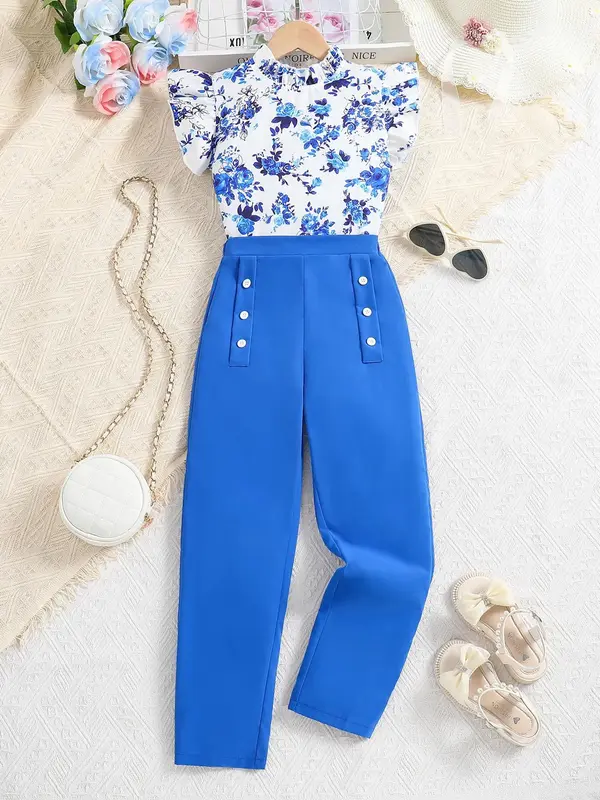 Girl's Ditsy Floral Print Butterfly Sleeve Mock Neck Blouse Top & Straight Leg Pants Two-piece Set, Casual Summer Outfits for...