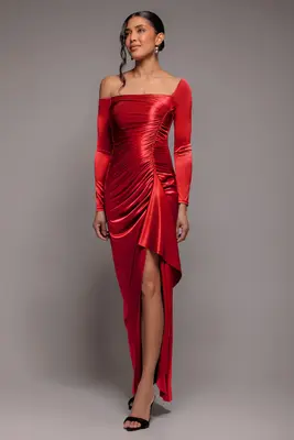 Goddiva Slinky Satin One Shoulder Split Maxi Dress - Red