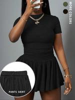Women's Solid Color Top & Skort, Casual Fashion Cozy Round Neck Short Sleeve Tee & Skirt for Daily Outdoor Wear, Ladies Outfi...