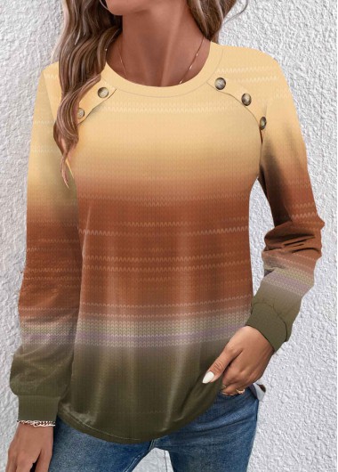 Modlily Yellow Button Ombre Long Sleeve Round Neck T Shirt - XL
