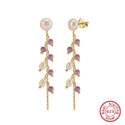 Natural Lepidolite & Natural Freshwater Pearl & 925 Sterling Silver Leaf Dangle Stud Earrings for Women