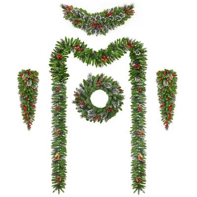 Garvee Christmas Wreath and Garland Set of 6, PreLit LED Artificial Christmas Décor with One Xmas Wreath and Arc Garland, 2 ...