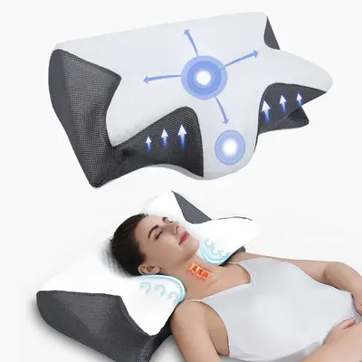 Slow-rebound premium neck pillow with two different heights, memory foam for neck and shoulder relaxation, and contoured armr...