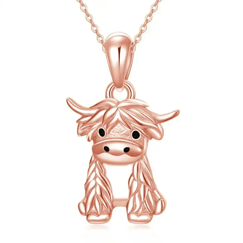 Sterling Silver with Rose Gold Plated Highland Cow Pendant Necklace with Cable Chain