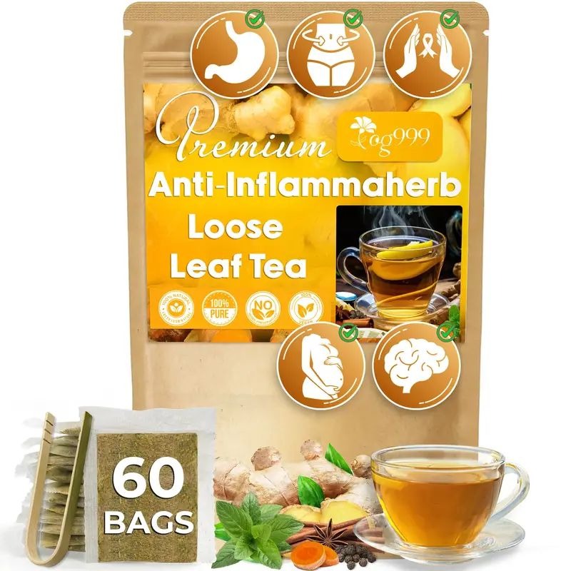 Anti-Inflammatea Loose Leaf Tea Bags with Ginger, Turmeric, Peppermint, Black Pepper, Cinnamon. Made with Natural Material Te...