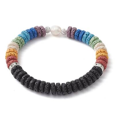 Dyed Natural Lava Rock & Pearl Beaded Stretch Bracelet