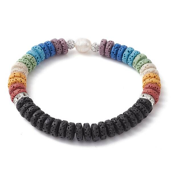 Dyed Natural Lava Rock & Pearl Beaded Stretch Bracelet