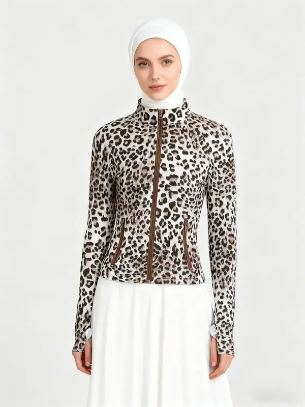 Women's Slim-Fit Leopard Print Jacket, Zipper Collar Baseball Style Top, Short Fall Winter Coat, Elegant Party Clubwear, Casu...