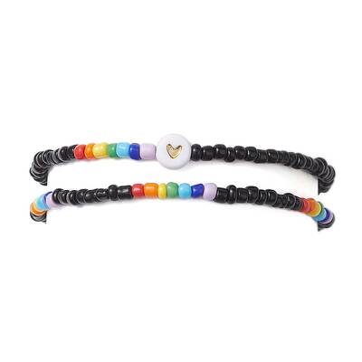 2Pcs 2 Styles Heart Glass Seed Beaded Stretch Bracelet Sets