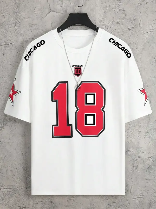 Men's Letter & Figure Print Drop Shoulder Tee, Men's Summer Clothes, Regular Fit Casual Soft Comfy Round Neck Short Sleeve T-...