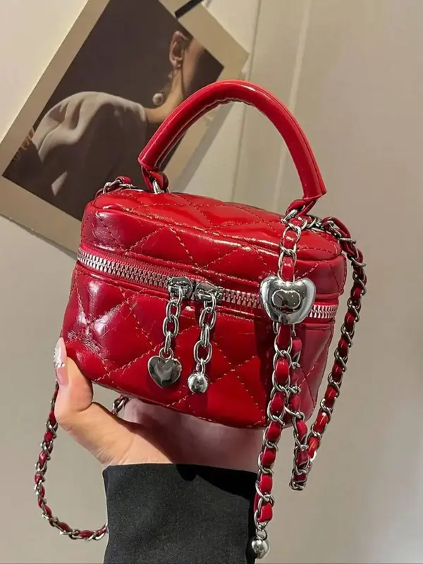Women's Fashionable Solid Color Quilted Crossbody Bag, Elegant Mini Handbag with Heart Decor, Casual Trendy Versatile High-qu...