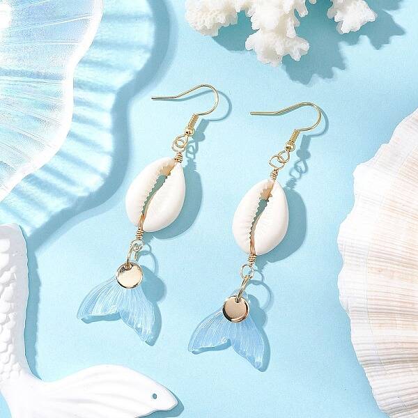 Natural Cowrie Shell Glass Dangle Earrings