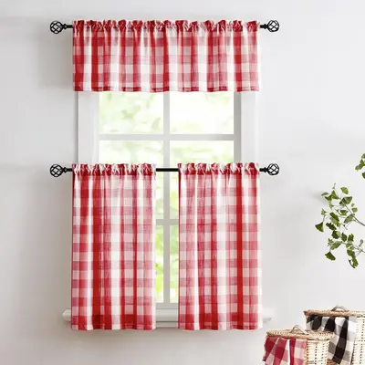 Plaid Print Blackout Kitchen Window Curtain, Blackout Drape with Tiers and Valance Lined, Thermal Blackout Drape Window Treat...