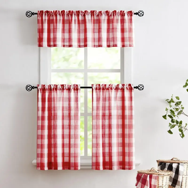 Plaid Print Blackout Kitchen Window Curtain, Blackout Drape with Tiers and Valance Lined, Thermal Blackout Drape Window Treat...