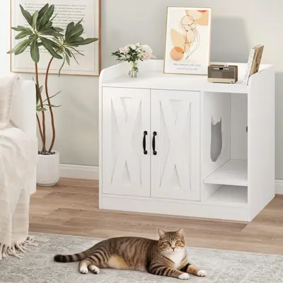 Garvee Cat Litter Box Enclosure, Hidden Litter Box Furniture with Divider, Indoor Cat House, Wooden Cat Washroom Storage Cabi...