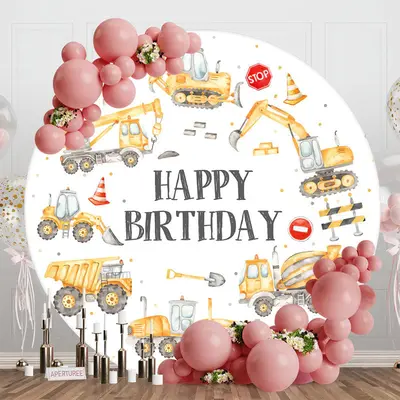 Yellow Trucks Round Happy Birthday Backdrop For Boy - Aperturee