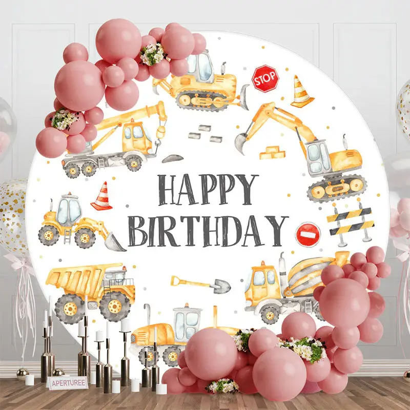 Yellow Trucks Round Happy Birthday Backdrop For Boy - Aperturee
