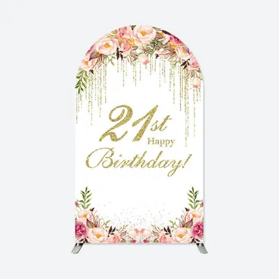 Aperturee White Pink Floral Gold 21St Birthday Arch Backdrop | Diy Chiara Backdrop Cover | Round Arch Backdrop Cover | Weddin...
