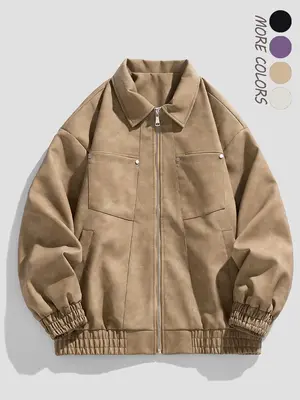 Men's Solid Color Zipper Elastic Hem PU Leather Jacket, Loose Casual Fashion Drop Shoulder Long Sleeve Collared Outerwear for...