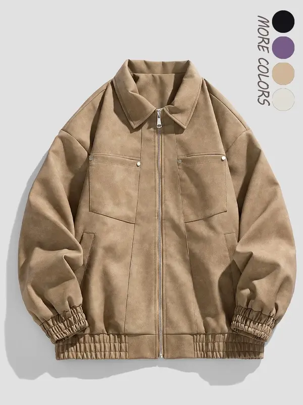 Men's Solid Color Zipper Elastic Hem PU Leather Jacket, Loose Casual Fashion Drop Shoulder Long Sleeve Collared Outerwear for...