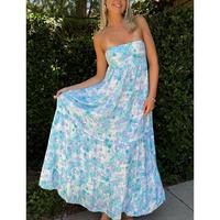 Women Casual Strapless Dress Summer Floral Print Tie up Backless Long A-Line Dress for Cocktail Party Beach Streetwear