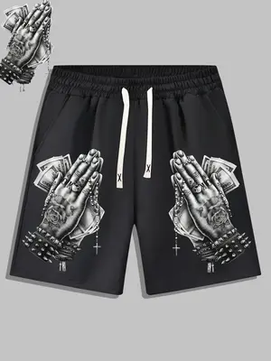 Men's Stylish Hand Print Drawstring Waist Shorts, Regular Fit Summer Clothes, Shorts for Men, Graphic Beach Shorts, Athletic ...