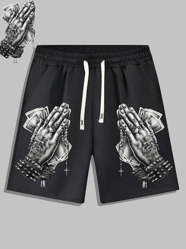 Men's Stylish Hand Print Drawstring Waist Shorts, Regular Fit Summer Clothes, Shorts for Men, Graphic Beach Shorts, Athletic ...
