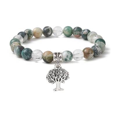 Natural Tree Agate Round Bead Stretch Bracelets