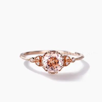 Retro Vintage Milgrain 7mm Round Morganite and Diamond Engagement Ring Women's Gift