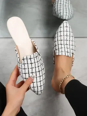 Women's Fashionable Plaid Pattern Slip on Flats, 1 Pair Casual Pointed Toe Soft Flat Shoes for Daily Wear, Lightweight Breath...