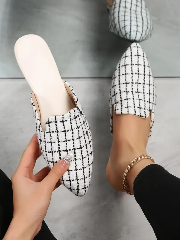 Women's Fashionable Plaid Pattern Slip on Flats, 1 Pair Casual Pointed Toe Soft Flat Shoes for Daily Wear, Lightweight Breath...
