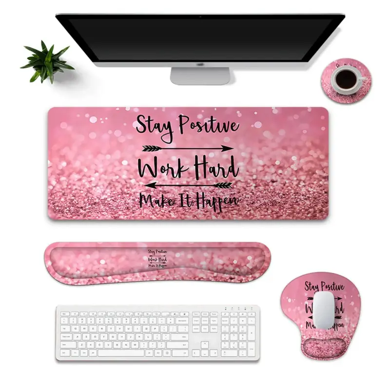 4-in-1 Ergonomic Pink Marble Desk Set, Glitter & Letter Pattern Mouse Pad, Ergonomic Wrist Support Mouse Pad with Wrist Suppo...