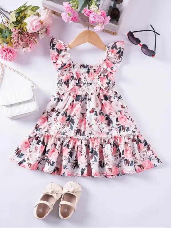 Girl's Floral Print Ruffle Trim Fly Sleeve Sweater Dress, Cute Casual Sleeveless Knit Dress for Summer, Kids Clothes for Dail...