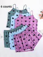 【Plus Size】 6 Piece Set Heart Print Elastic Waist Pyjama Set, Summer Wear, Casual Relaxed Fit Spaghetti Strap Top & Short...