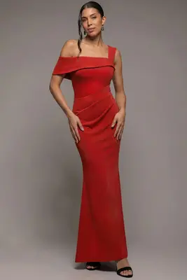 Goddiva Off The Shoulder Pleated Waist Maxi Dress - Red